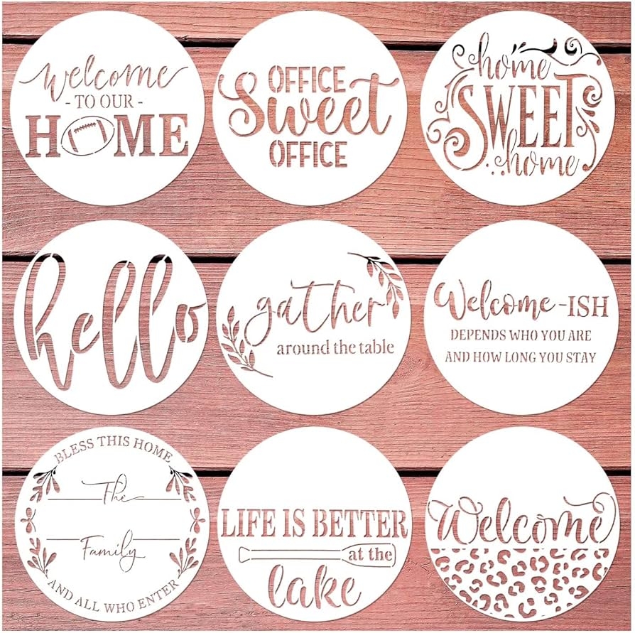 Amazon 9pcs Round Welcome Stencils For Painting On Wood 12 Large Reusable Welcome Letter Stencils Farmhouse Welcome Paint Circle Template Wood Door Sign Art Templates Stencils For Wall Wood Porch Docor Arts Crafts