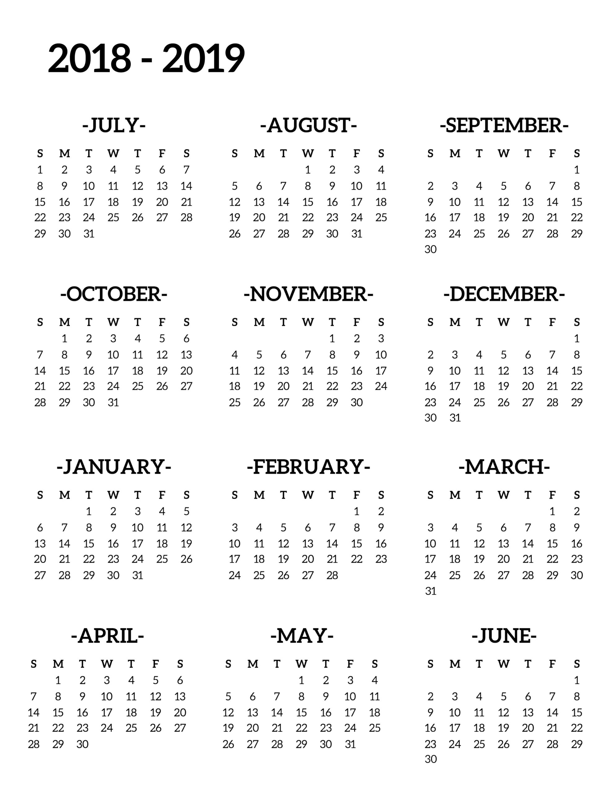 2018 2019 School Calendar Printable Free Template Paper Trail Design