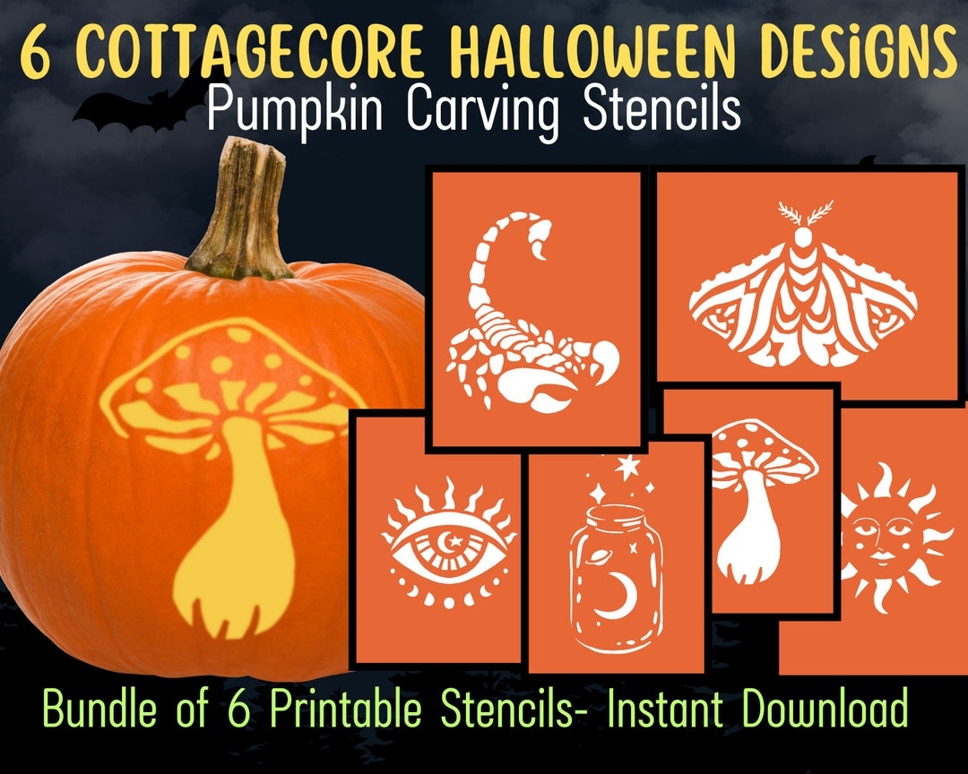6 Cottagecore Designs For Pumpkin Carving Stencil Halloween Pumpkin Carving Template Pattern Pumpkin Carving Mushroom Moth Sun Evil Eye Etsy