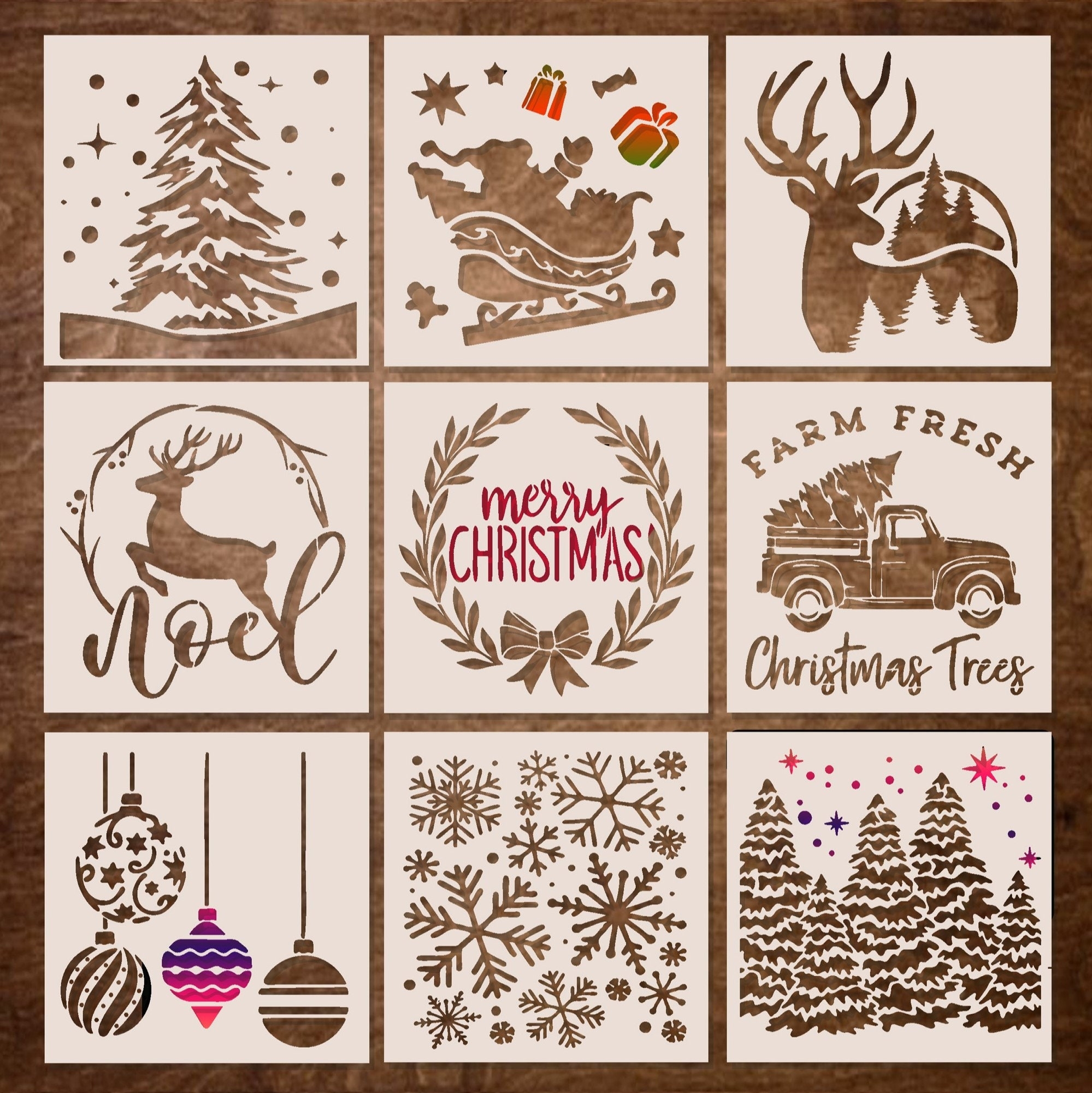 9 Set Small Christmas Stencils 5x5 Inch Stencil For Painting On Wood Fabric Paper Windows Christmas Ornaments Cards Decorations Etsy