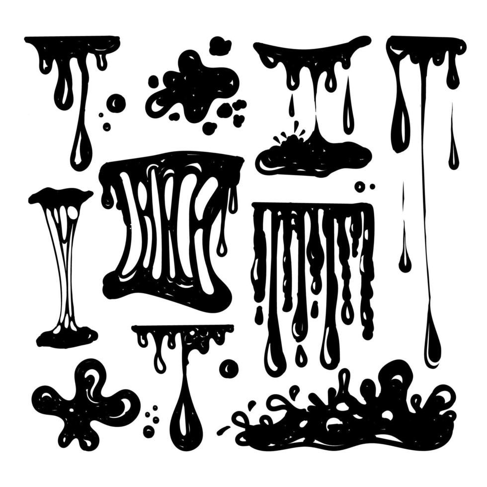 A Set For Working With Blobs Doodle Style Drawn Elements Black Splashes Of Slime Stretching Slime Toxic Dripping Slime Slime Splatter And Droplets Liquid Borders Isolated Vector Shapes