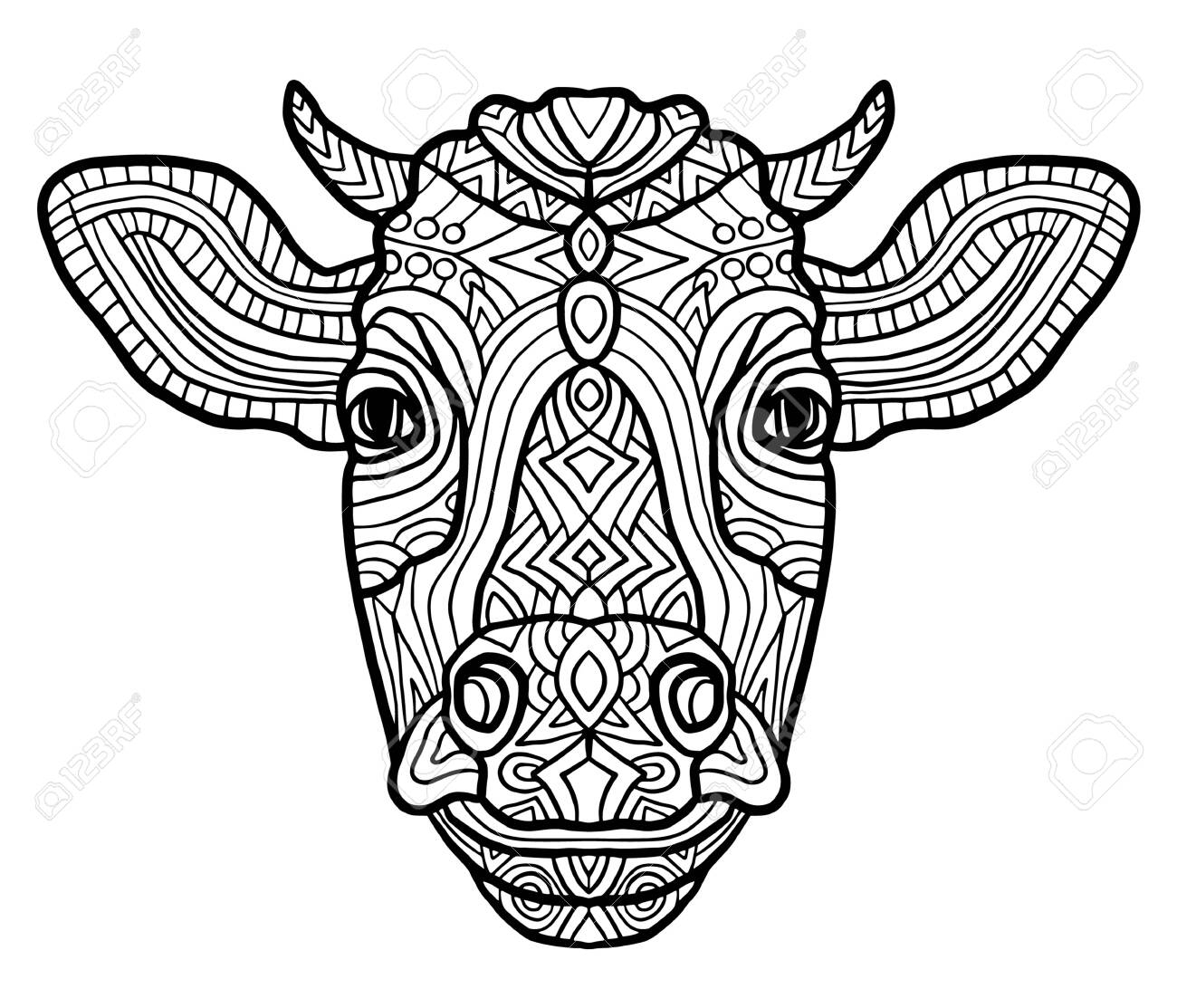 Adult Coloring Page Cow Zen Art Style Zoo Animal Ethnic Tribal African Print Suits As Tattoo Logo Template Decoration Coloring Book Sketch Collection Of Animals Royalty Free SVG Cliparts Vectors And Stock