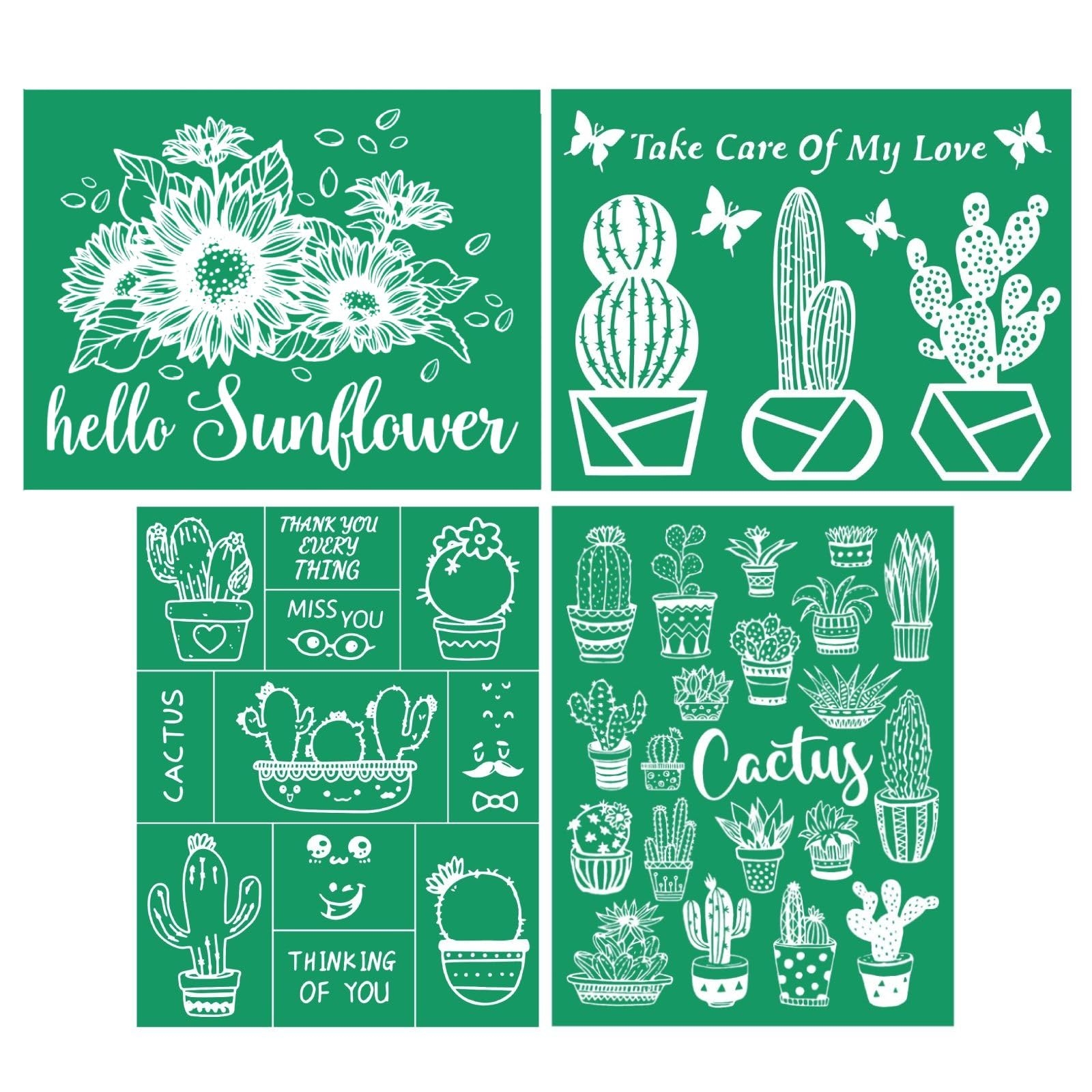 Amazon 4PCS Cactus Self Adhesive Silk Screen Printing Stencils Plants Pattern Reusable Screen Stencil For Crafts Potting Screen Printing Mesh Stencils Painting On Wood T Shirt Cup Pillow Fabric Arts Crafts Sewing