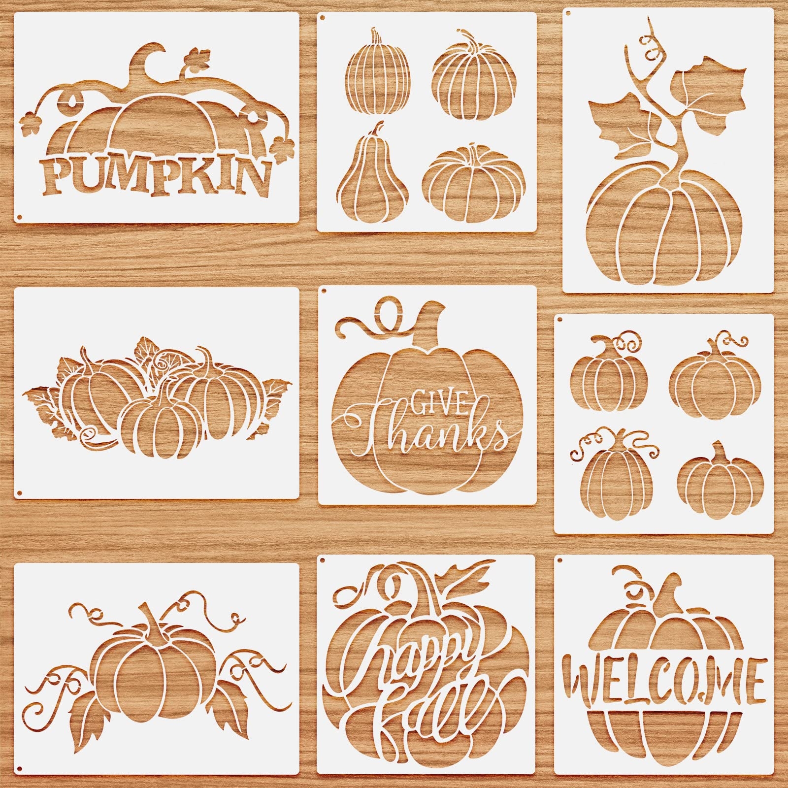 Amazon 9 Pieces Fall Pumpkin Stencil For Painting Reusable Thanksgiving Autumn Stencil Welcome Happy Fall Wall Art Template Plastic Farmhouse Stencils For Painting On Wood Wall Decor Arts Crafts Sewing