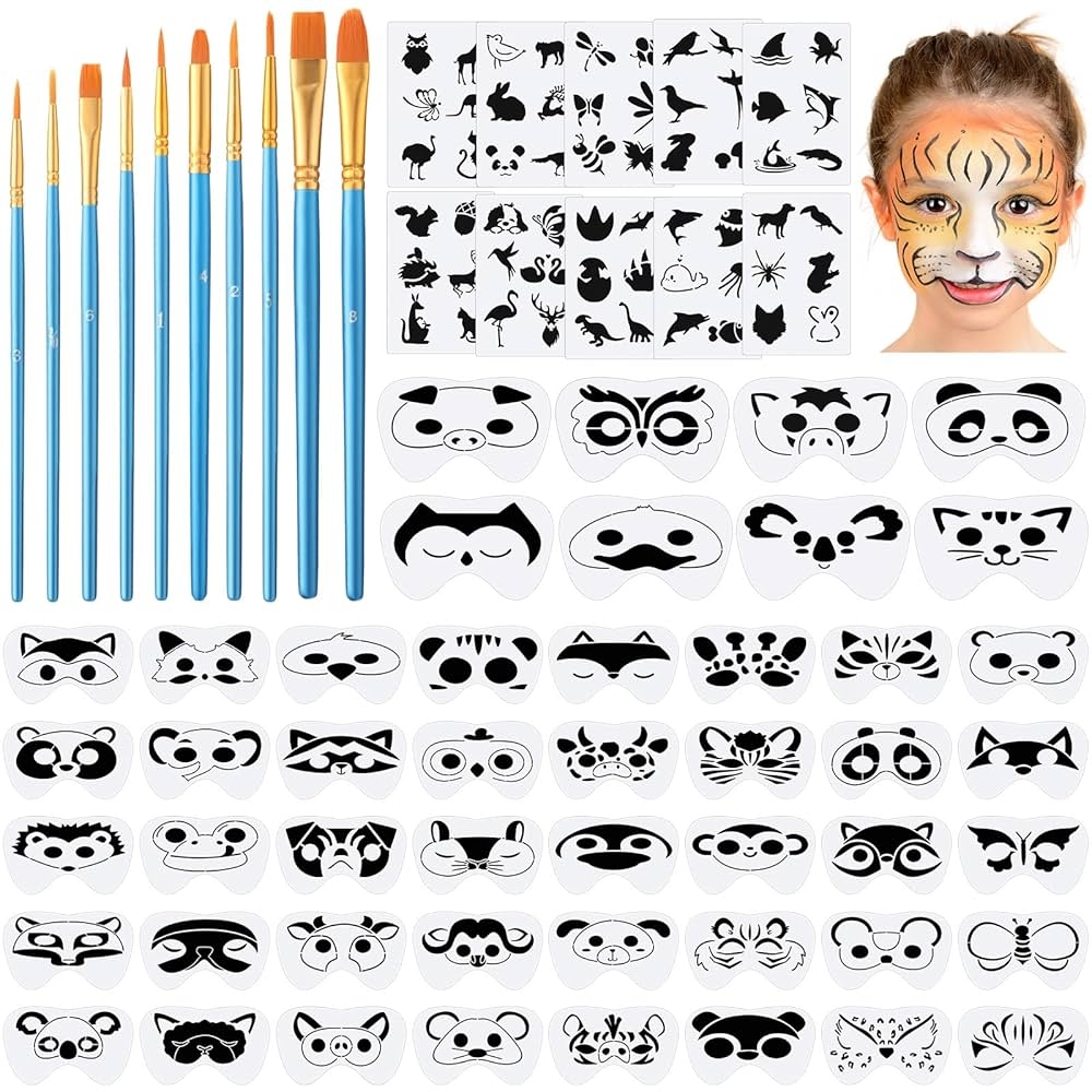 Amazon Fainne 68 Pcs Face Paint Stencils Kit 48 Face Painting Stencils 10 Stickers And 10 Painting Brushes Halloween Mask Stencils Reusable Makeup Templates For DIY Drawing Art Animal Style Arts Crafts Sewing
