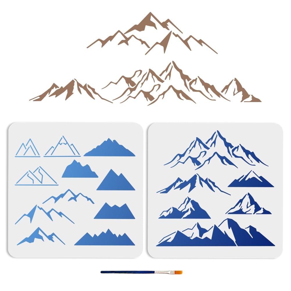 Amazon MAYJOYDIY 2pcs Mountain Stencils 11 8 11 8inch Planar And Three Dimensional Mountain Stencils With Paint Brush Nature Mountains Peaks Climbing Drawing Template For Fabric Walls Furniture Wood Canvas Arts Crafts Sewing