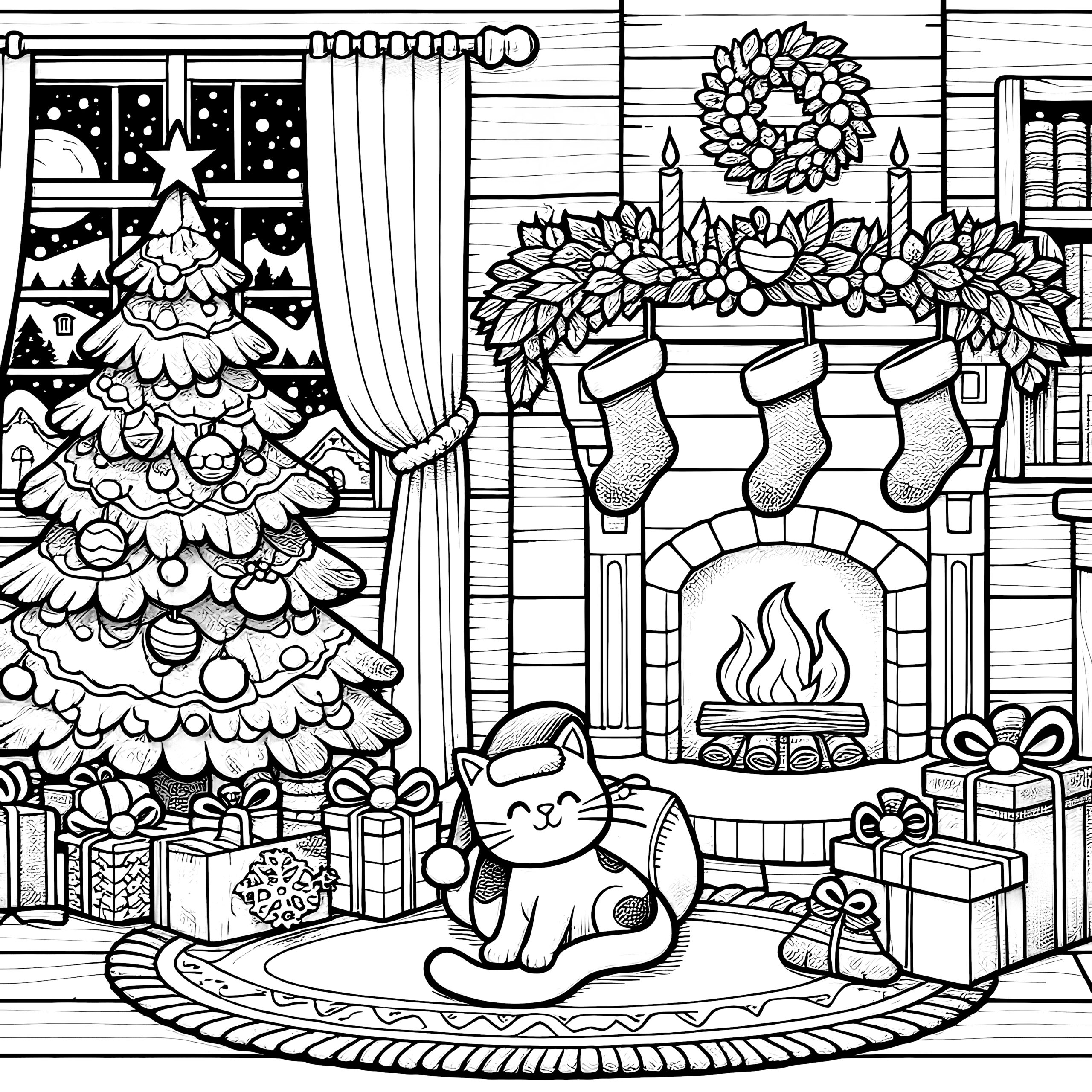 Cat In Front Of Fireplace Christmas Tree coloring Page 