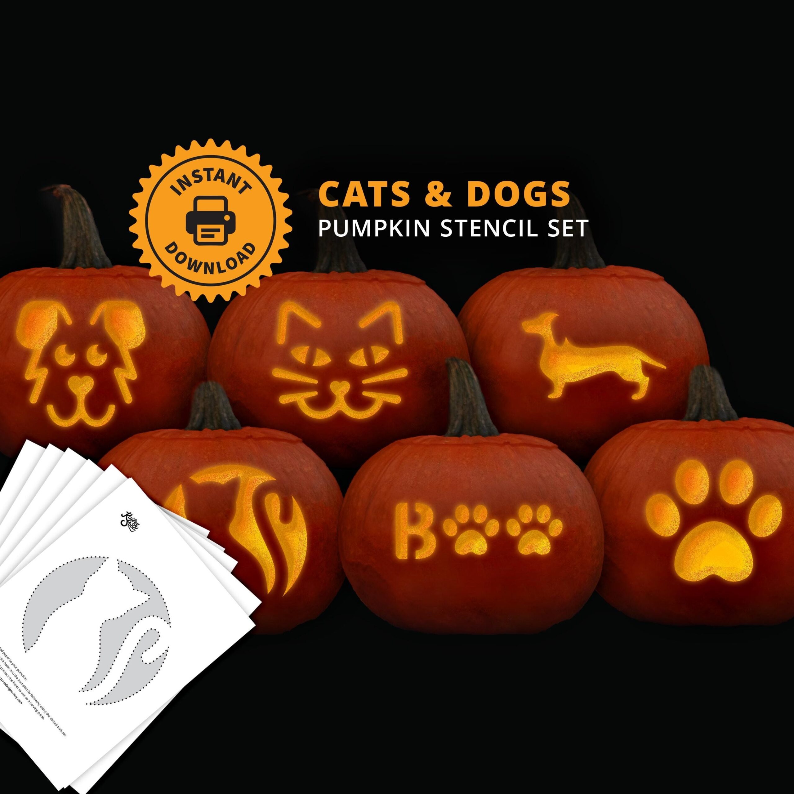 Cats And Dogs PRINTABLE Pumpkin Carving Stencil Set Animal Lover Jack o lantern Stencils Paw Halloween Craft Etsy