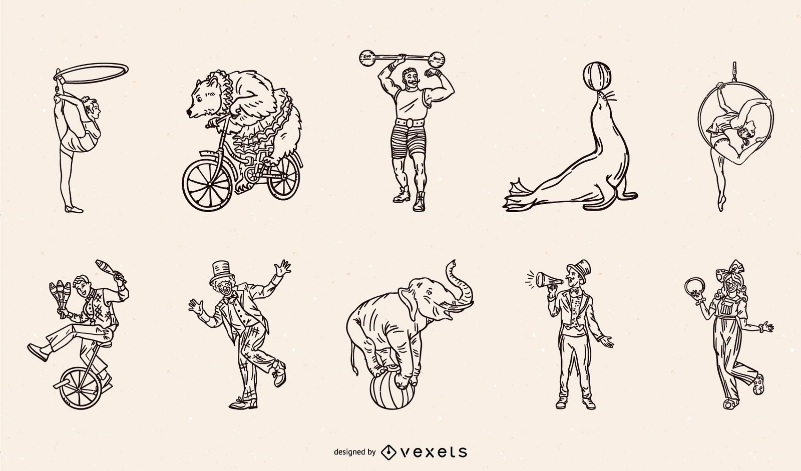 Circus Characters And Animals Stroke Pack Vector Download