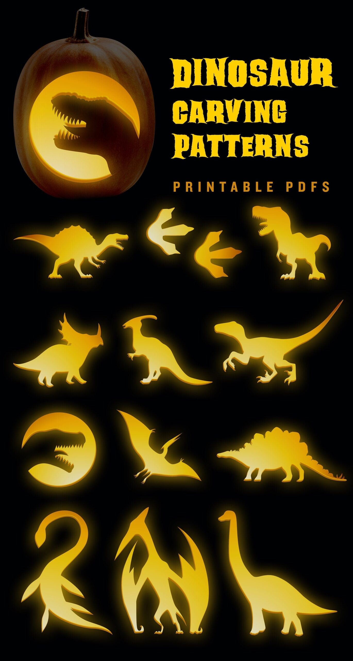 Dinosaur Pumpkin Carving Pattern Simple Jack o lantern Templates Including Spinosaurus Velociraptor And T rex Pumpkin Patterns Etsy