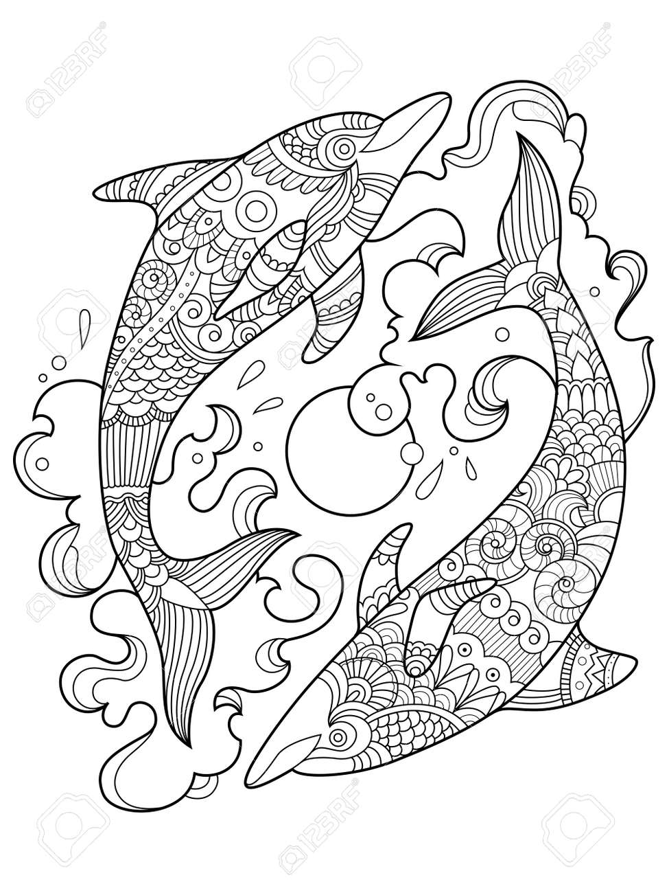 Dolphin Coloring Book For Adults Illustration Anti stress Coloring For Adult Tattoo Stencil Zentangle Style Black And White Lines Lace Pattern Royalty Free SVG Cliparts Vectors And Stock Illustration Image 68423402 