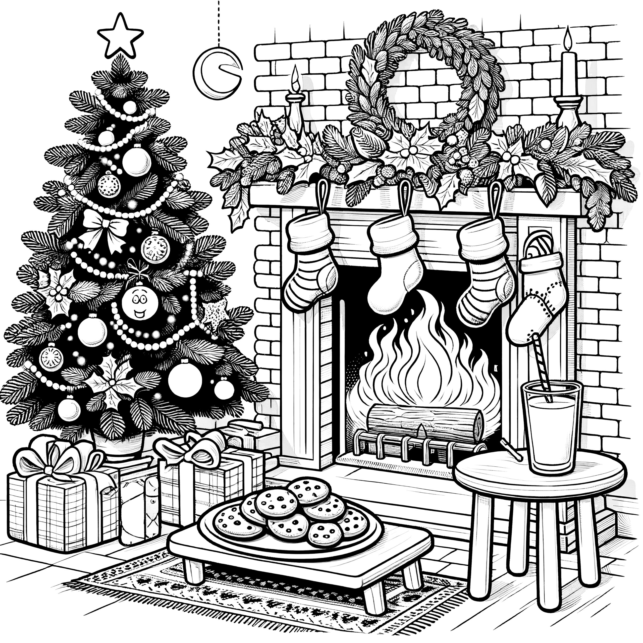 Fireside Christmas Tree Festive Coloring Template