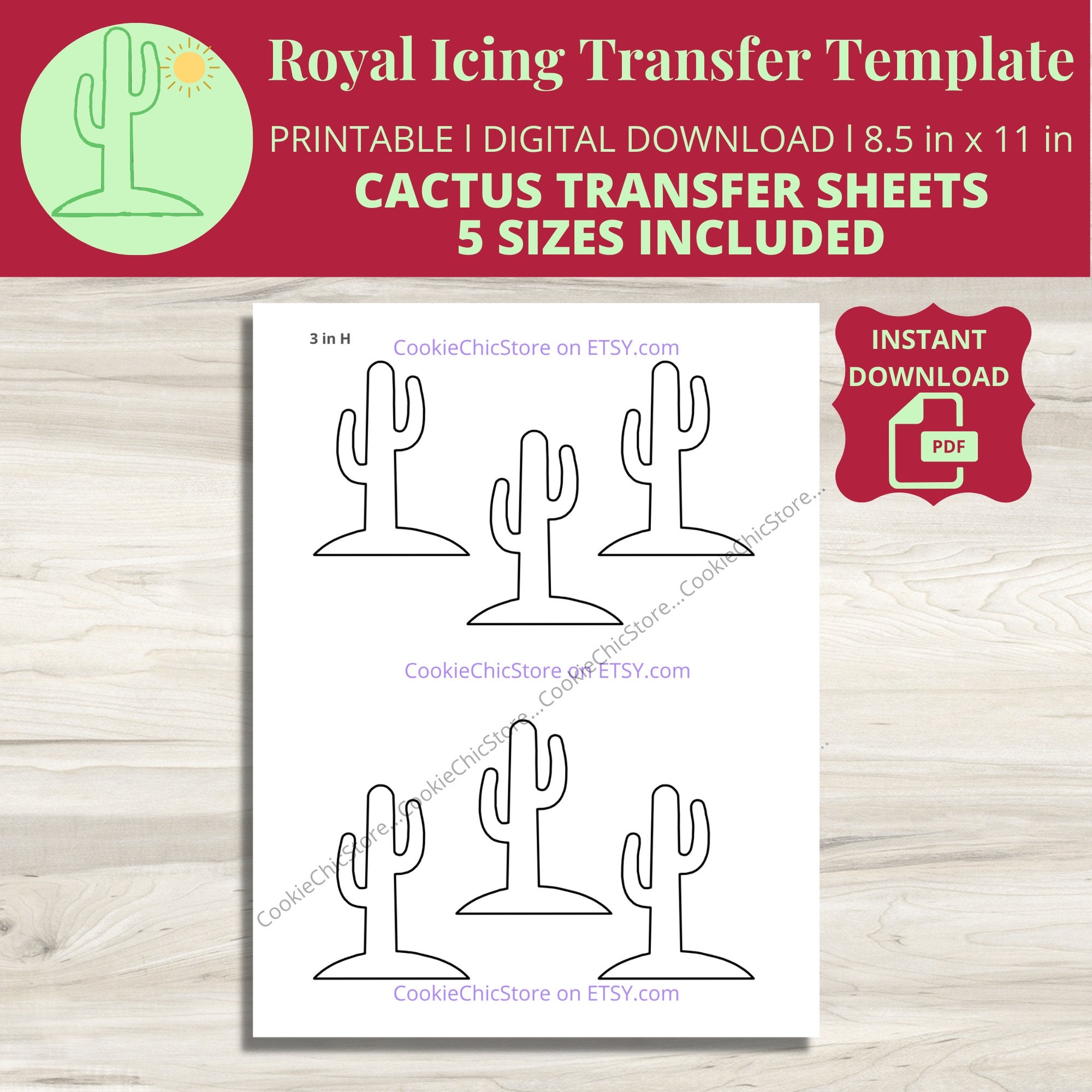 Mini Cactus Royal Icing Transfer Sheet RI Cactus Cookie Transfer Template Cookie Decoration Printable PDF Baking Pattern Sheets Cacti Etsy