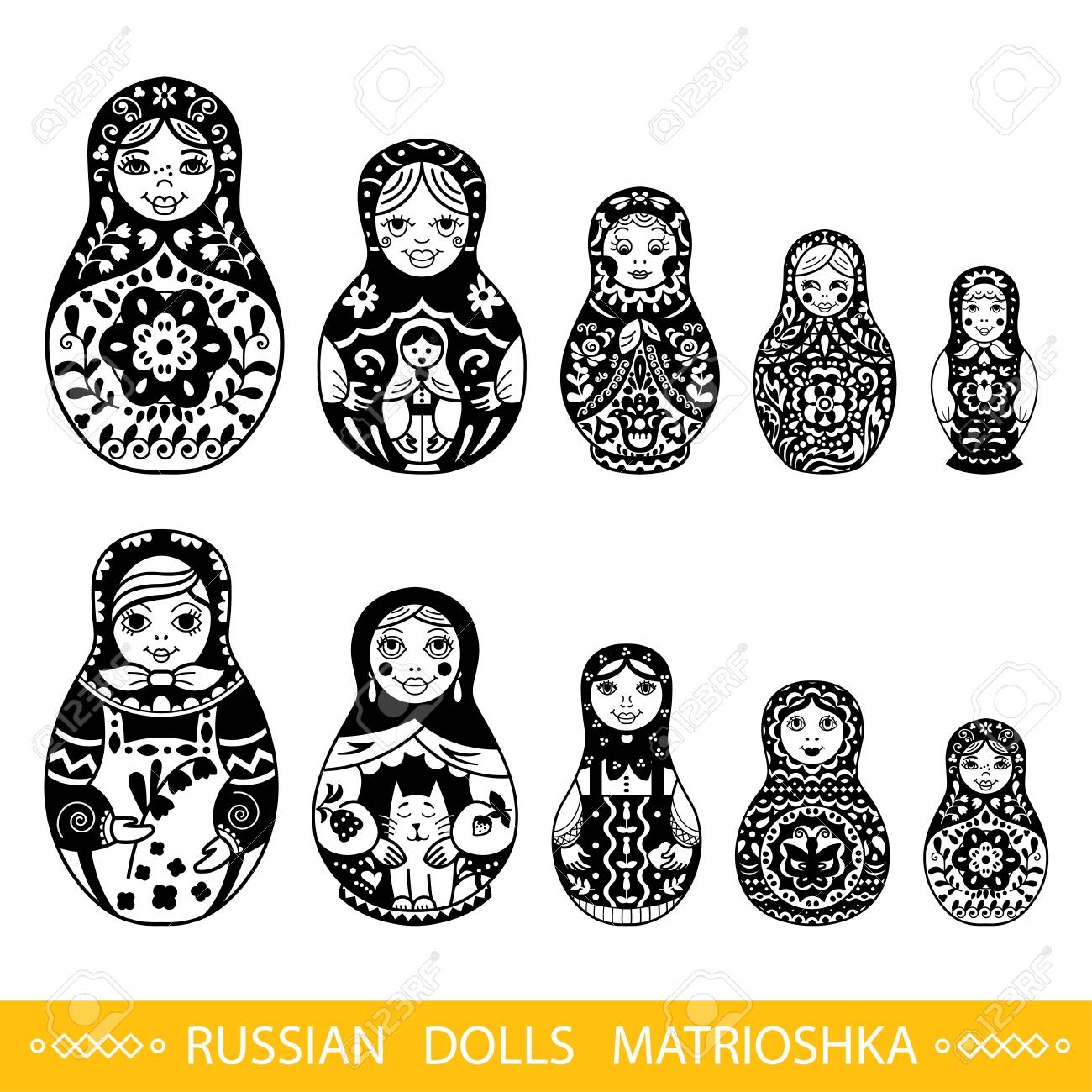 Set Of Russian Traditional Nested Dolls matryoshka Black And White Illustration Template For Style Design Royalty Free SVG Cliparts Vectors And Stock Illustration Image 118192750 